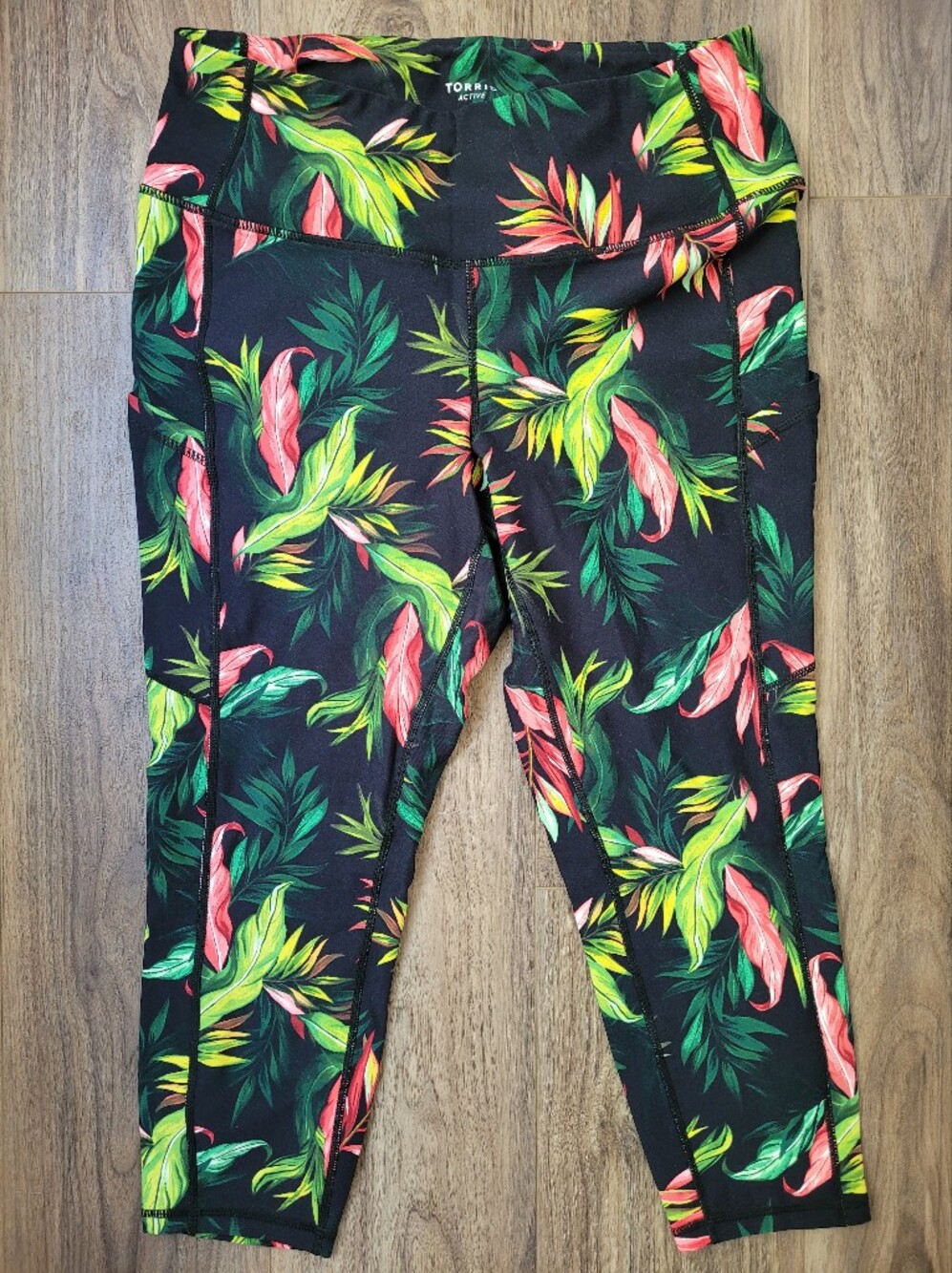 Torrid Active Tropical Floral Black Leggings with Green & Pink Leaves